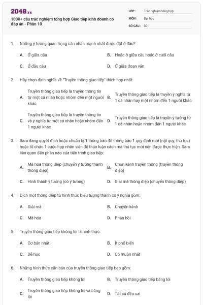 1000+ câu trắc nghiệm tổng hợp Giao tiếp kinh doanh có đáp án - Phần 10