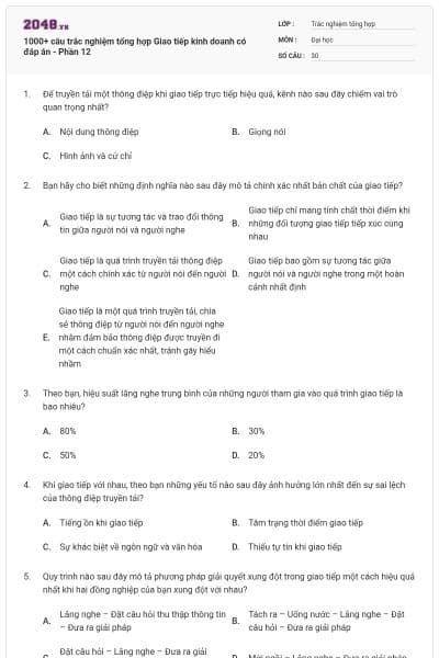 1000+ câu trắc nghiệm tổng hợp Giao tiếp kinh doanh có đáp án - Phần 12