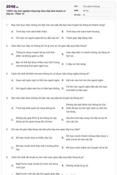 1000+ câu trắc nghiệm tổng hợp Giao tiếp kinh doanh có đáp án - Phần 15