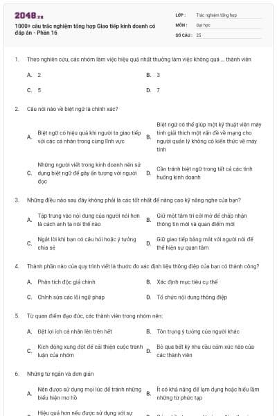 1000+ câu trắc nghiệm tổng hợp Giao tiếp kinh doanh có đáp án - Phần 16