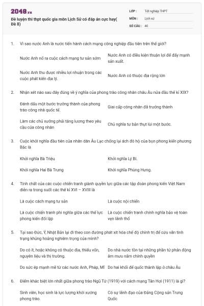 Đề luyện thi thpt quốc gia môn Lịch Sử có đáp án cực hay( Đề 8)