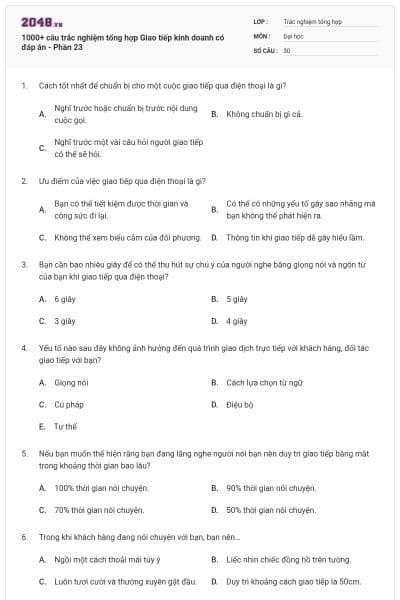 1000+ câu trắc nghiệm tổng hợp Giao tiếp kinh doanh có đáp án - Phần 23