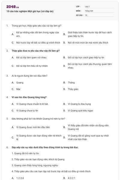 10 câu trắc nghiệm Một giờ học (có đáp án)