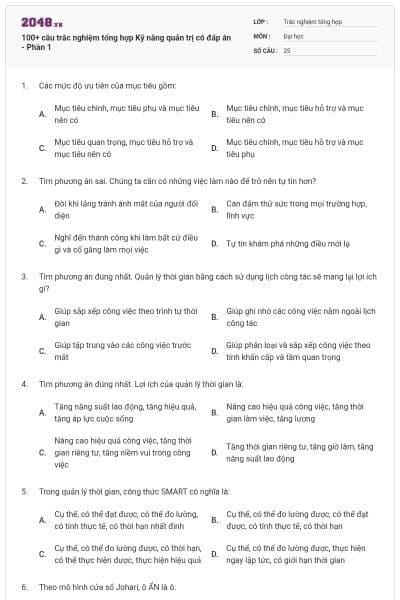 100+ câu trắc nghiệm tổng hợp Kỹ năng quản trị có đáp án - Phần 1