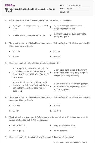 100+ câu trắc nghiệm tổng hợp Kỹ năng quản trị có đáp án - Phần 2
