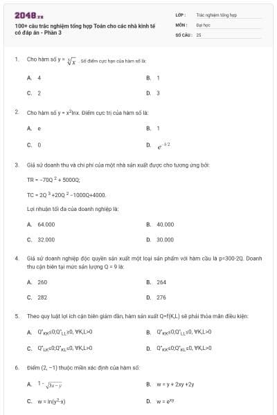 100+ câu trắc nghiệm tổng hợp Toán cho các nhà kinh tế có đáp án - Phần 3