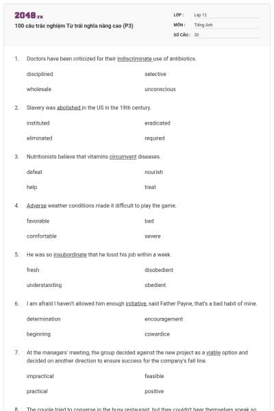 100 câu trắc nghiệm Từ trái nghĩa nâng cao (P3)