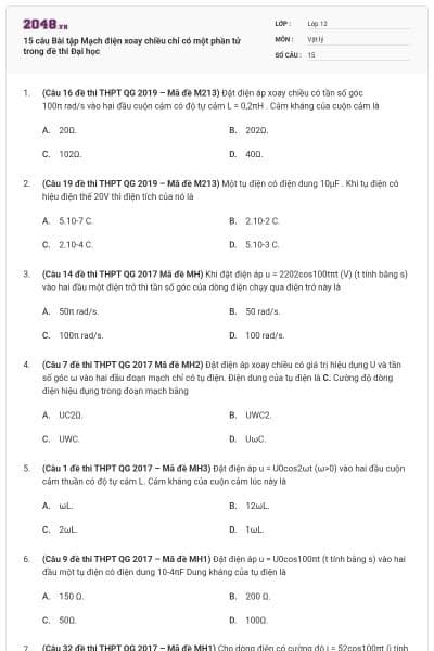 15 câu Bài tập Mạch điện xoay chiều chỉ có một phần tử trong đề thi Đại học