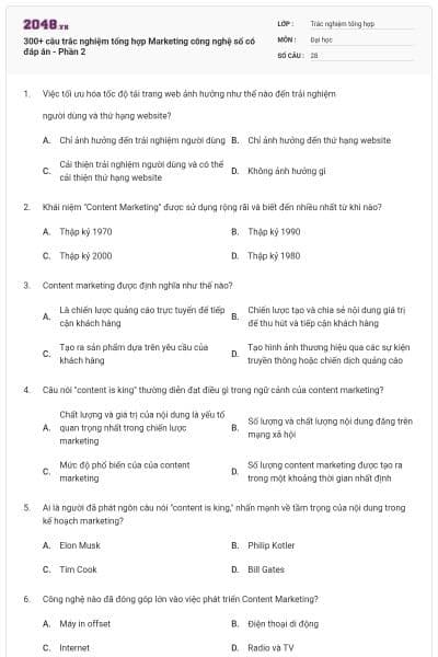 300+ câu trắc nghiệm tổng hợp Marketing công nghệ số có đáp án - Phần 2