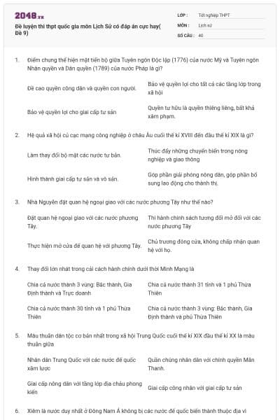 Đề luyện thi thpt quốc gia môn Lịch Sử có đáp án cực hay( Đề 9)