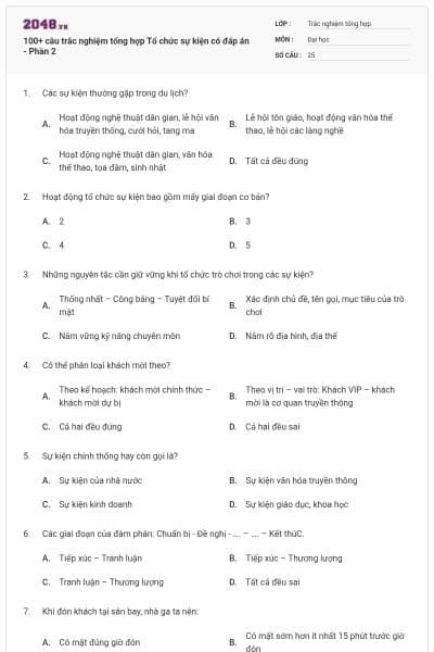 100+ câu trắc nghiệm tổng hợp Tổ chức sự kiện có đáp án - Phần 2
