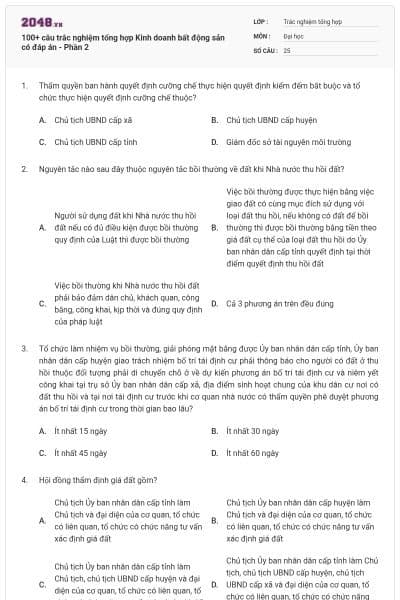 100+ câu trắc nghiệm tổng hợp Kinh doanh bất động sản có đáp án - Phần 2