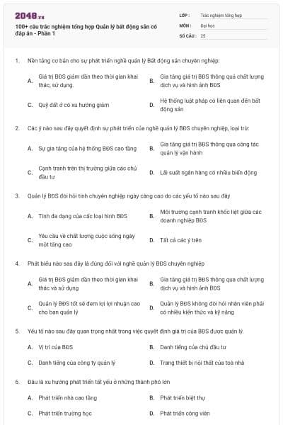 100+ câu trắc nghiệm tổng hợp Quản lý bất động sản có đáp án - Phần 1