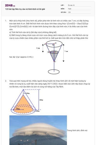 123 bài tập Nón trụ cầu và hình khối có lời giải
