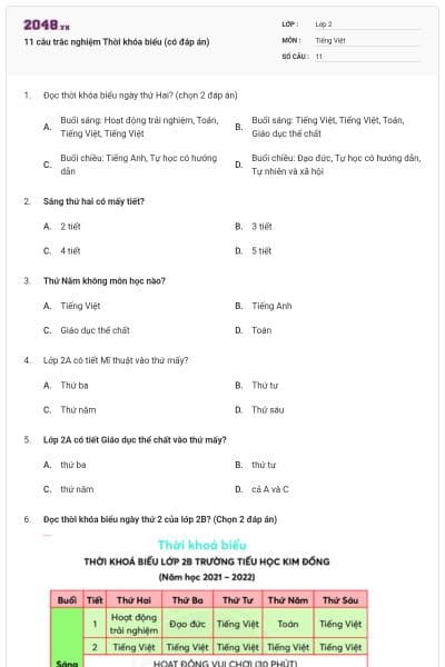 11 câu trắc nghiệm Thời khóa biểu (có đáp án)