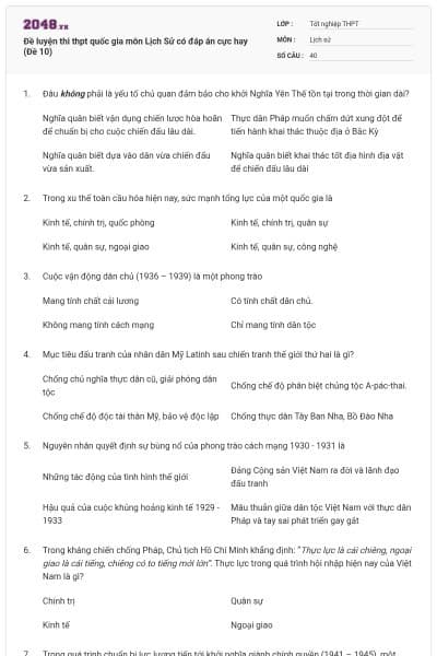 Đề luyện thi thpt quốc gia môn Lịch Sử có đáp án cực hay (Đề 10)