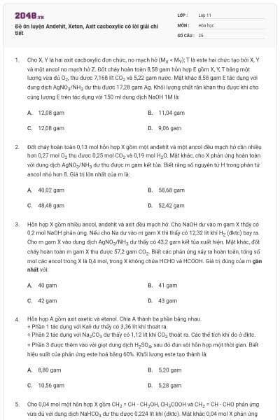Đề ôn luyện Andehit, Xeton, Axit cacboxylic có lời giải chi tiết