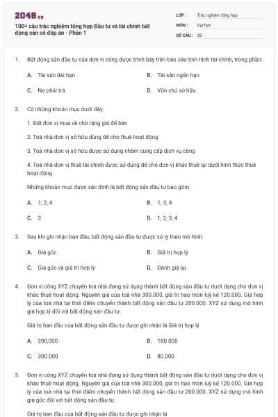 100+ câu trắc nghiệm tổng hợp Đầu tư và tài chính bất động sản có đáp án - Phần 1