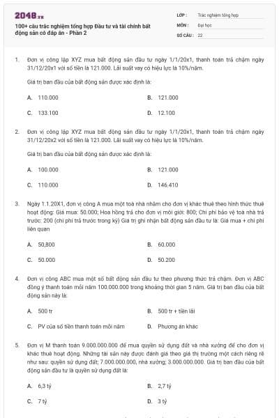 100+ câu trắc nghiệm tổng hợp Đầu tư và tài chính bất động sản có đáp án - Phần 2