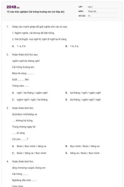 15 câu trắc nghiệm Cái trống trường em (có đáp án)