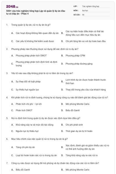 500+ câu trắc nghiệm tổng hợp Lập và quản lý dự án đầu tư có đáp án - Phần 4