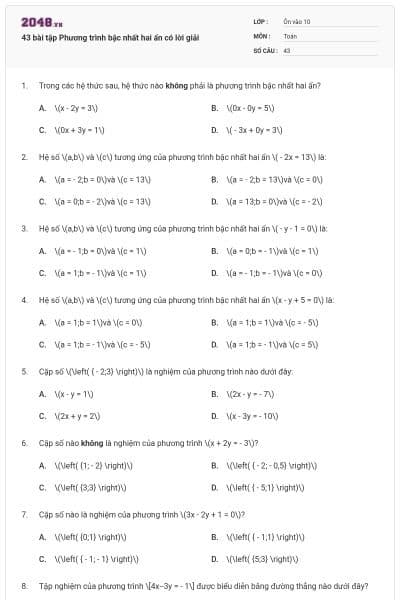 43 bài tập Phương trình bậc nhất hai ẩn có lời giải