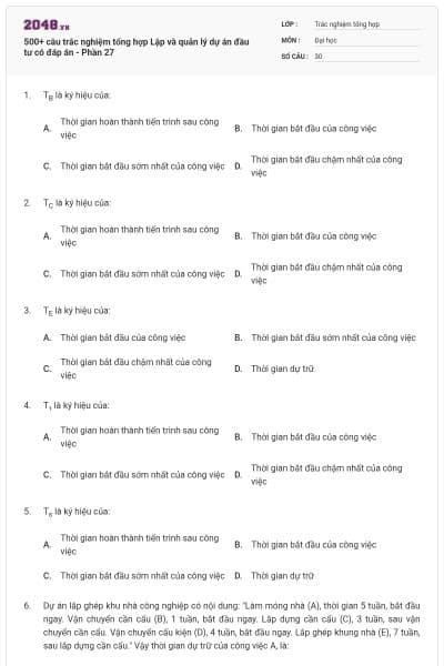 500+ câu trắc nghiệm tổng hợp Lập và quản lý dự án đầu tư có đáp án - Phần 27
