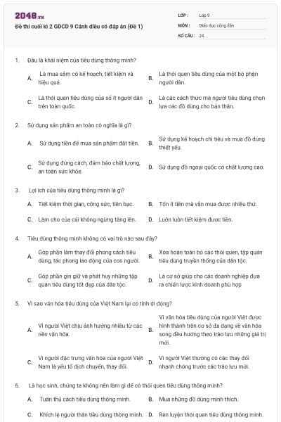 Đề thi cuối kì 2 GDCD 9 Cánh diều có đáp án (Đề 1)