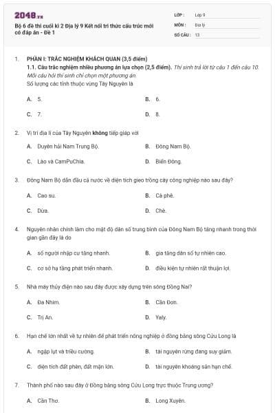 Bộ 6 đề thi cuối kì 2 Địa lý 9 Kết nối tri thức cấu trúc mới có đáp án - Đề 1