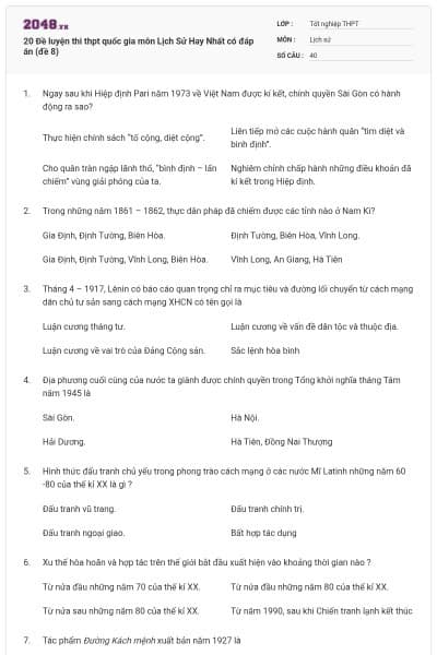 20 Đề luyện thi thpt quốc gia môn Lịch Sử Hay Nhất có đáp án (đề 8)