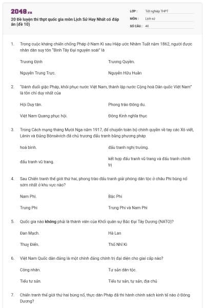 20 Đề luyện thi thpt quốc gia môn Lịch Sử Hay Nhất có đáp án (đề 10)
