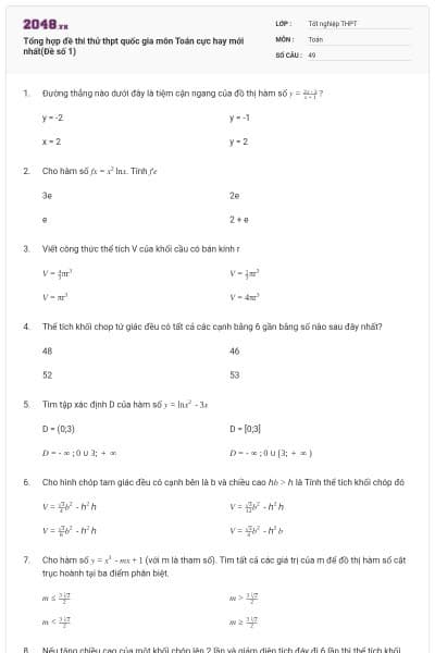 Tổng hợp đề thi thử thpt quốc gia môn Toán cực hay mới nhất(Đề số 1)