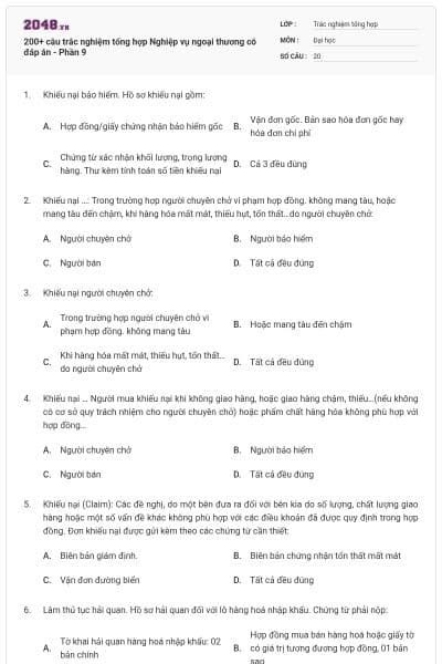 200+ câu trắc nghiệm tổng hợp Nghiệp vụ ngoại thương có đáp án - Phần 9