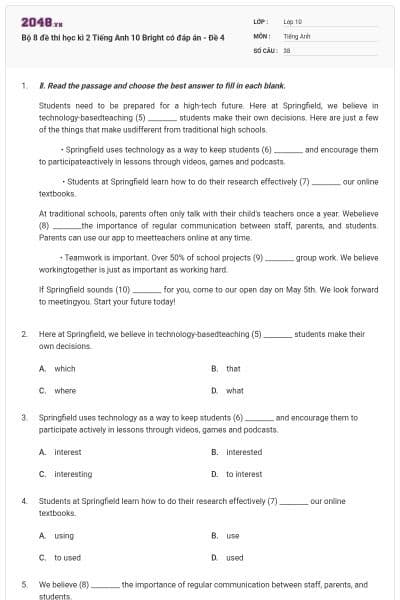Bộ 8 đề thi học kì 2 Tiếng Anh 10 Bright có đáp án - Đề 4