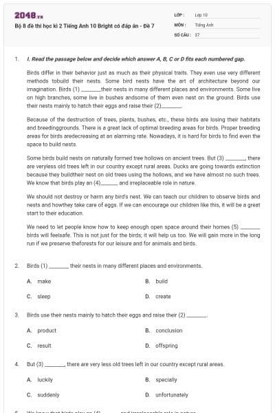 Bộ 8 đề thi học kì 2 Tiếng Anh 10 Bright có đáp án - Đề 7