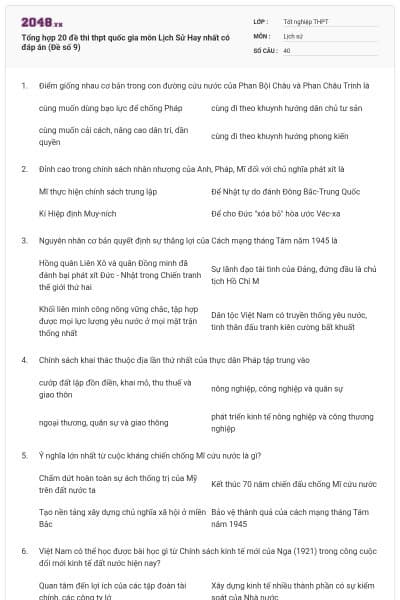 Tổng hợp 20 đề thi thpt quốc gia môn Lịch Sử Hay nhất có đáp án (Đề số 9)