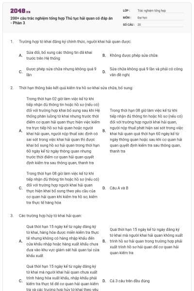 200+ câu trắc nghiệm tổng hợp Thủ tục hải quan có đáp án - Phần 3