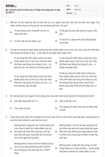 Bộ 2 đề thi cuối kì 2 Khoa học 5 Chân trời sáng tạo có đáp án (Đề 1)