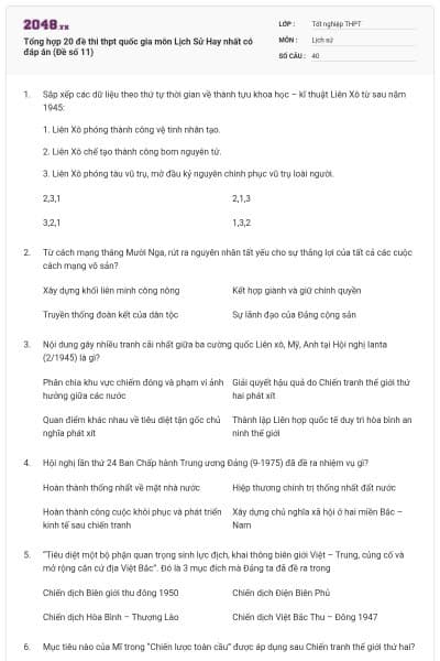 Tổng hợp 20 đề thi thpt quốc gia môn Lịch Sử Hay nhất có đáp án (Đề số 11)