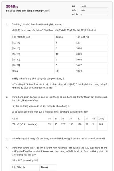 Bài 3: Số trung bình cộng. Số trung vị. Mốt