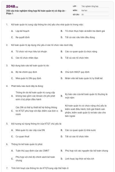 350 câu trắc nghiệm tổng hợp Kế toán quản trị có đáp án - Phần 1