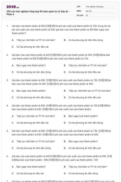 350 câu trắc nghiệm tổng hợp Kế toán quản trị có đáp án - Phần 6