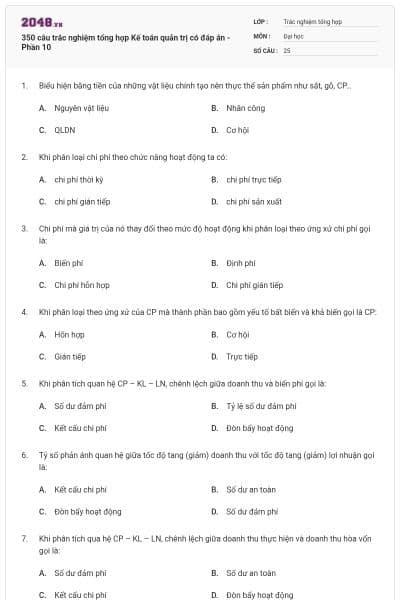 350 câu trắc nghiệm tổng hợp Kế toán quản trị có đáp án - Phần 10