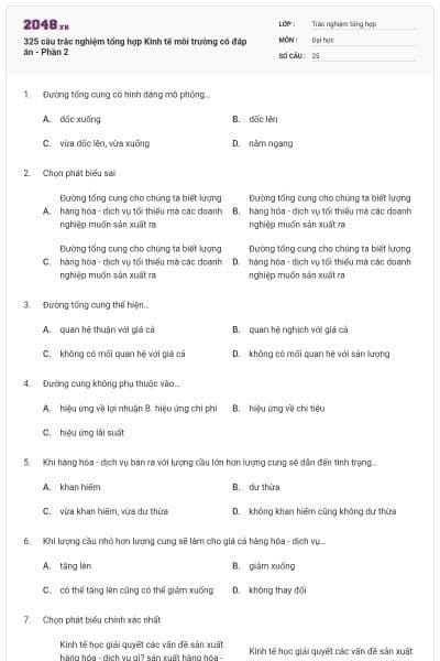 325 câu trắc nghiệm tổng hợp Kinh tế môi trường có đáp án - Phần 2
