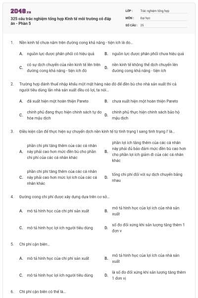 325 câu trắc nghiệm tổng hợp Kinh tế môi trường có đáp án - Phần 5