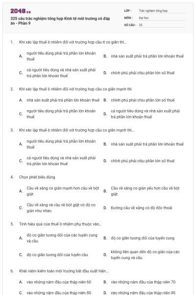 325 câu trắc nghiệm tổng hợp Kinh tế môi trường có đáp án - Phần 9