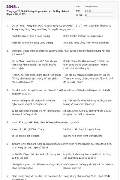 Tổng hợp 20 đề thi thpt quốc gia môn Lịch Sử Hay nhất có đáp án (Đề số 12)