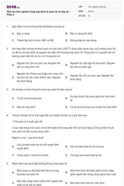 500 câu trắc nghiệm tổng hợp Kinh tế quốc tế có đáp án - Phần 2