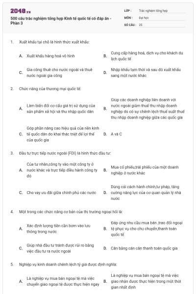 500 câu trắc nghiệm tổng hợp Kinh tế quốc tế có đáp án - Phần 3