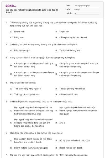500 câu trắc nghiệm tổng hợp Kinh tế quốc tế có đáp án - Phần 6